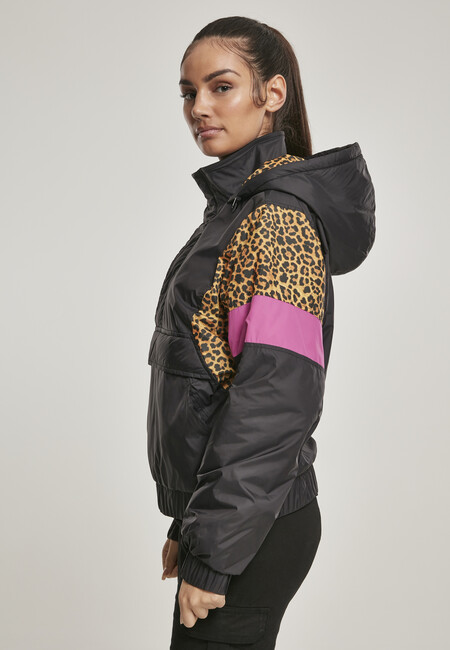 Urban Classics Ladies AOP Mixed Pull Over Jacket black/snowleo/lightasphalt  - Gangstagroup.com - Online Hip Hop Fashion Store