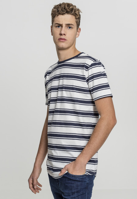 Urban Classics Double Stripe Long Shaped Tee offwhite/navy - Size:L